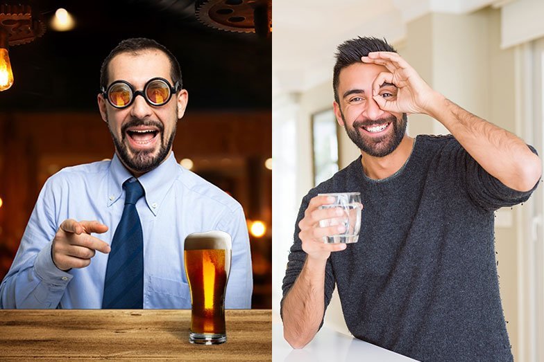 Guy drinking beer with beer goggles and another guy drinking water
